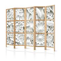 PARAVENT Japanischer 5-tlg 225x172 cm Wei e Bl tter 3D - Grau, Holz/Textil (225/172/3cm) - Muralo