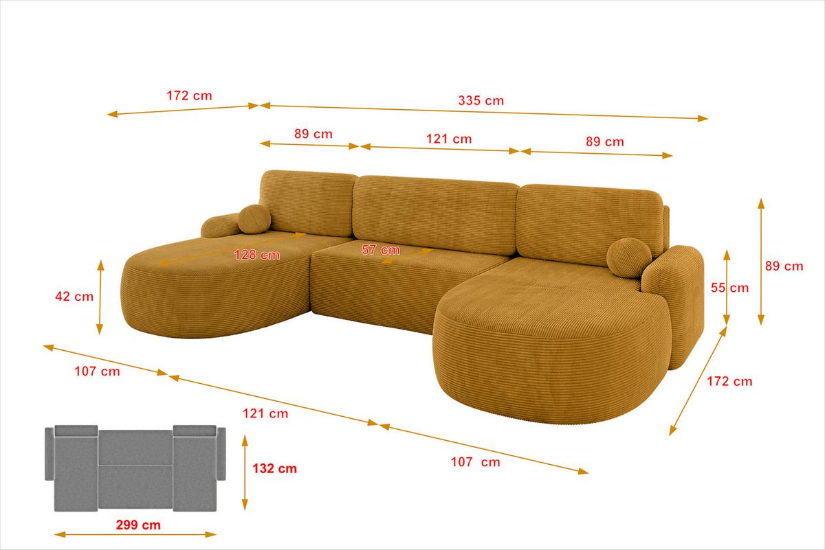 WOHNLANDSCHAFT mit Schlaffunktion und Bettkasten LIRA-U - 335x172x89 Senfgelb - Sandfarben, Holzwerkstoff/Textil (335/89/172cm) - ALTDECOR