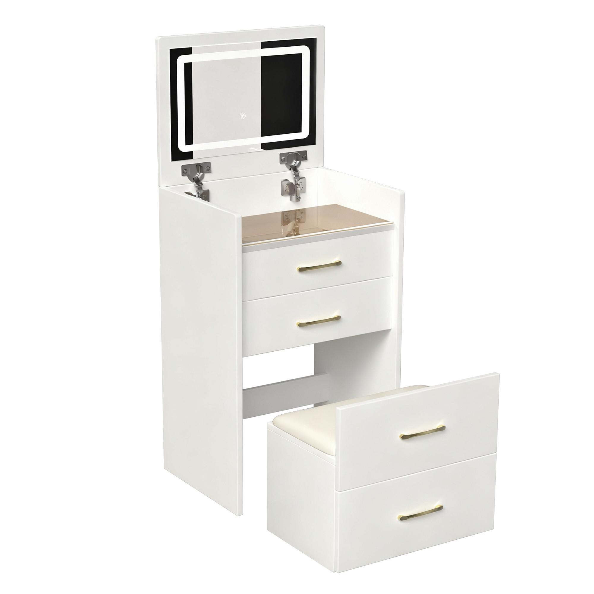 SCHMINKTISCH 3-in-1 Nachttisch (60 cm) in Weiß mit Klappspiegel, Glasplatte & Hocker - Weiß, Holzwerkstoff (60/118/40cm) - Urban Meuble