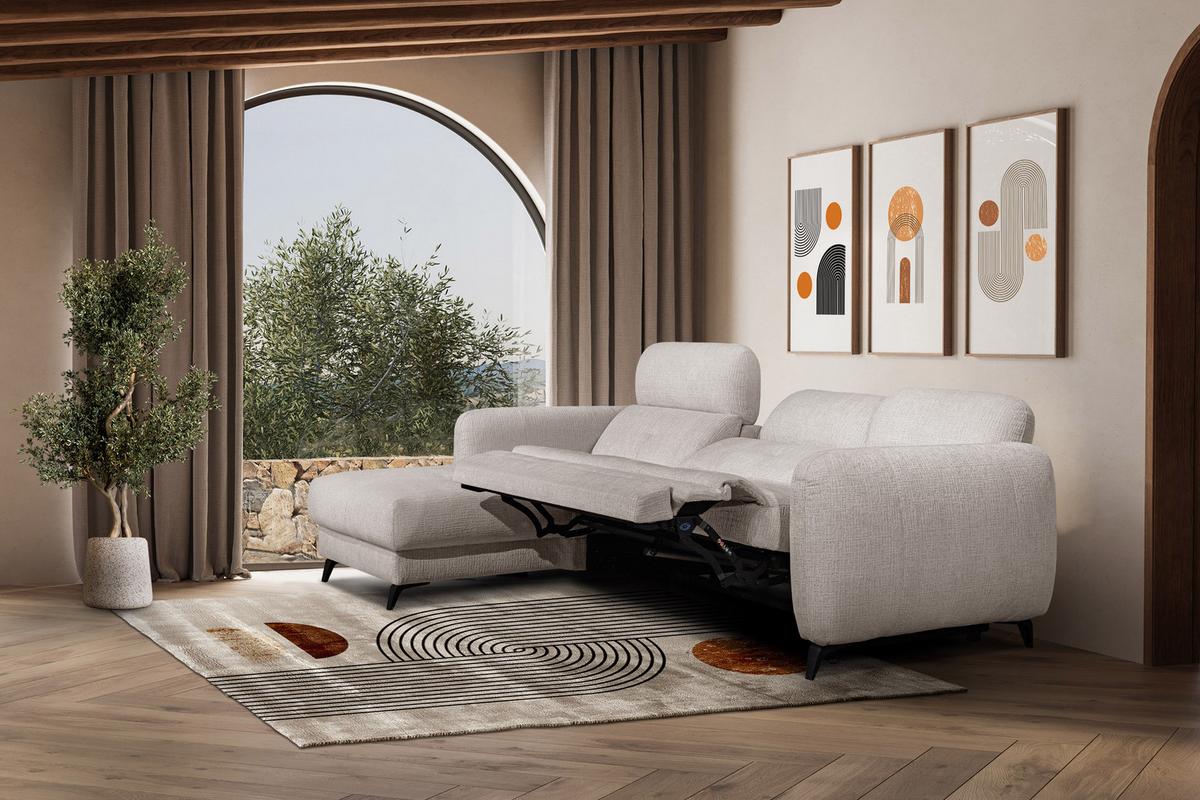 ECKSOFA SVEN 3-Sitzer, 1 Relax XL, verstellbare Kopfstützen, creme - Creme/Schwarz, Holzwerkstoff/Textil (256/163cm) - Wozimo