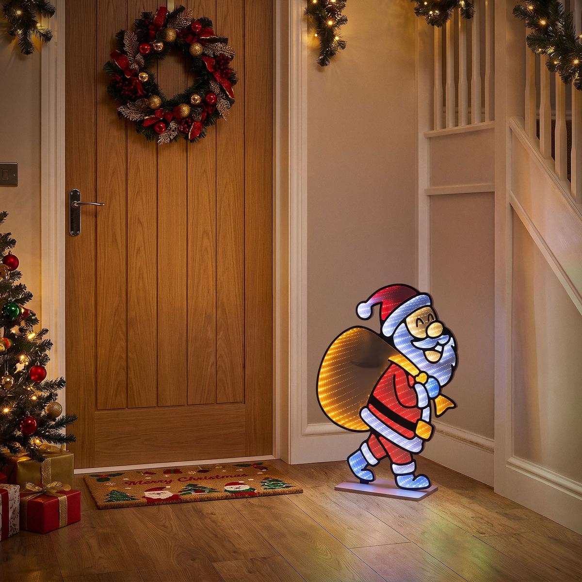 WEIHNACHTSDEKO Weihnachtsmann mit Geschenkesack LED Infinity Mirror 3D-Effekt mit Lichterkette 47x60 cm Innen - Multicolor, Kunststoff (47/60/15cm) - ECD-Germany
