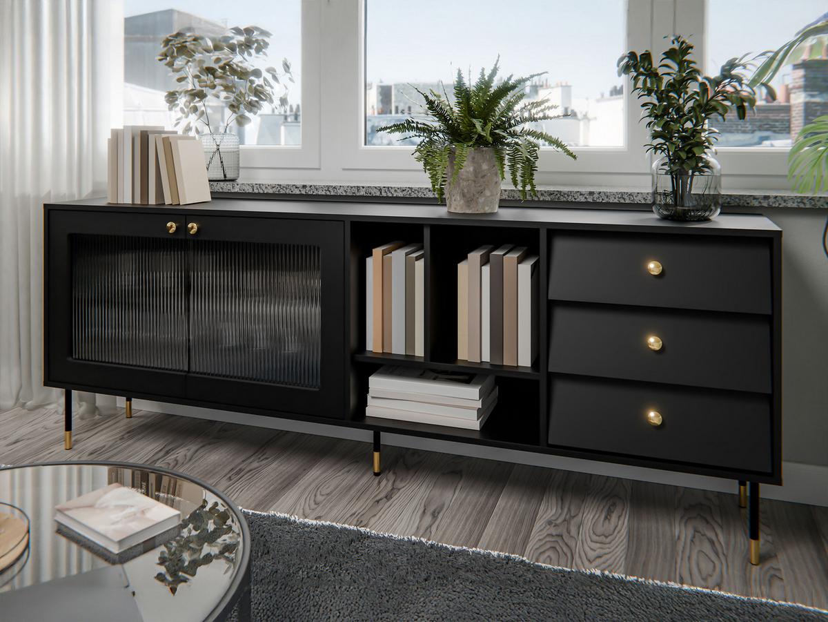 SIDEBOARD Valerio 200 - Goldfarben/Schwarz, Holzwerkstoff/Kunststoff (200/75/39cm) - MIRJAN24