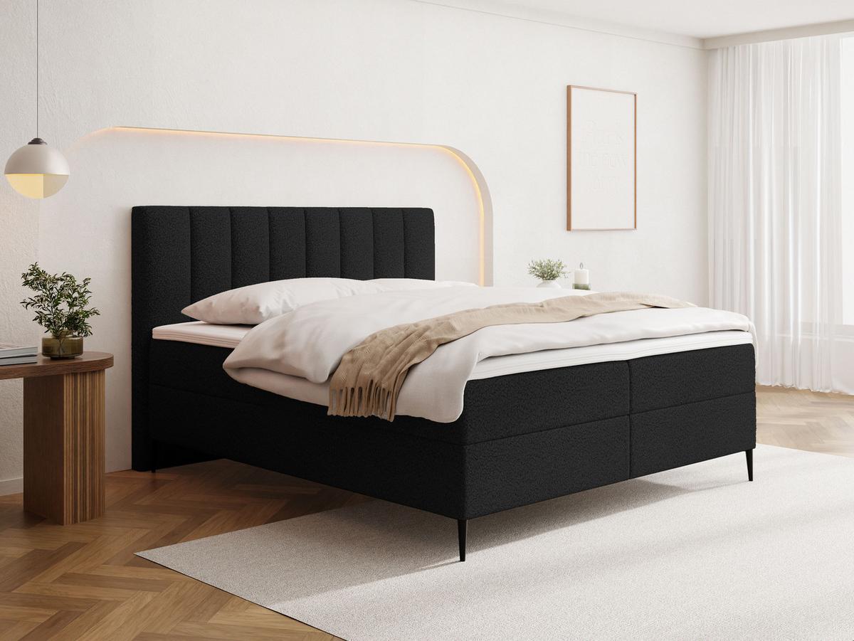 BOXBETT Allen mit Bettkasten, Boucle Schwarz 120x200 cm – inkl. H4 Taschenfederkern Matratze & Foam Topper - Schwarz, Textil/Metall (120/200cm) - WFL GROUP