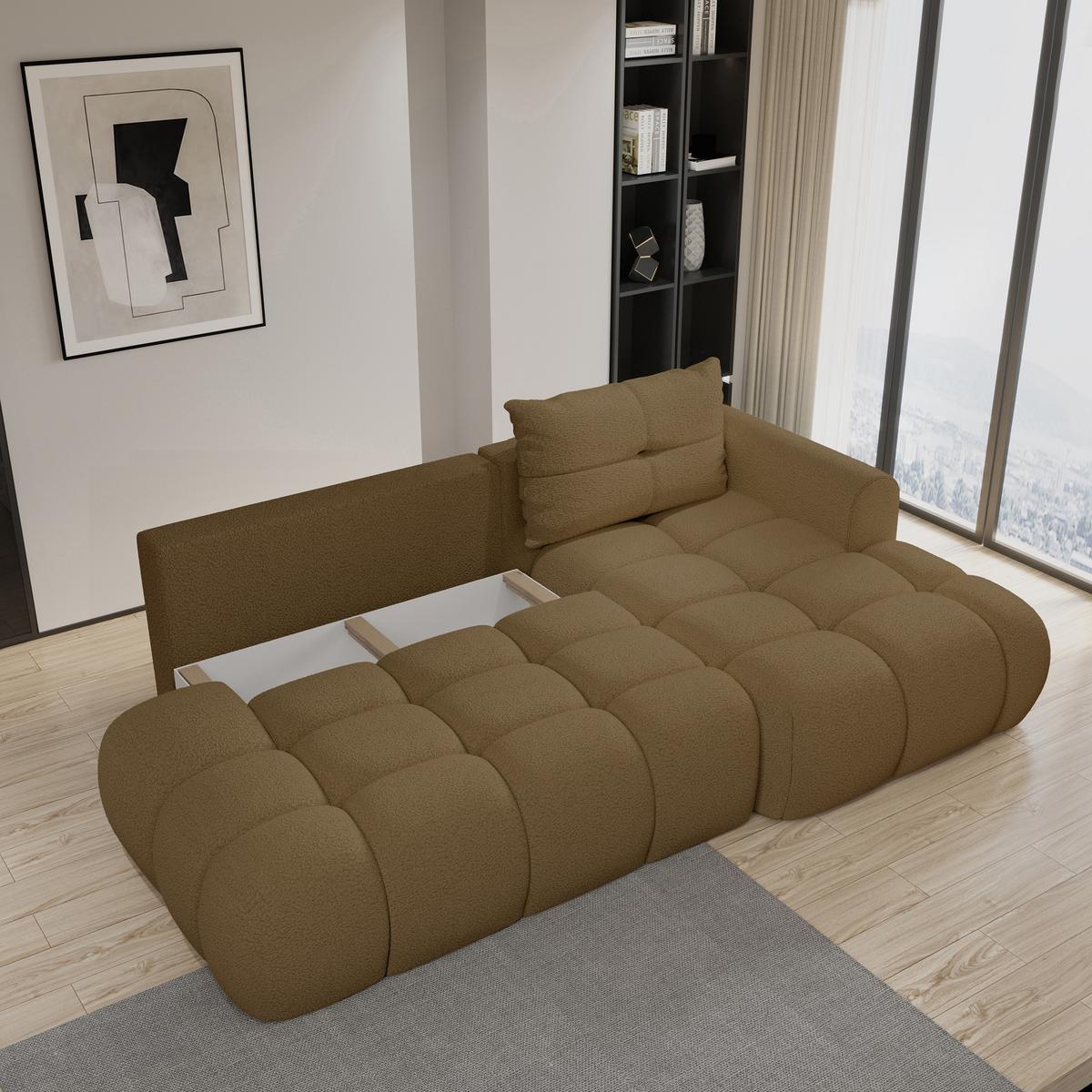 ECKSOFA FLUMA R-S Orange Boucle-Stoff mit Schlaffunktion - Orange, Holz (279/158cm) - MASSENO
