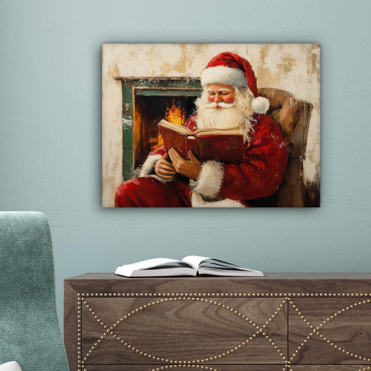 LEINWANDBILD Weihnachten - Weihnachtsmann - Winter - Open Fireside Wandbild 40x30 cm - Dunkelrot, Textil (40/30cm) - MuchoWow