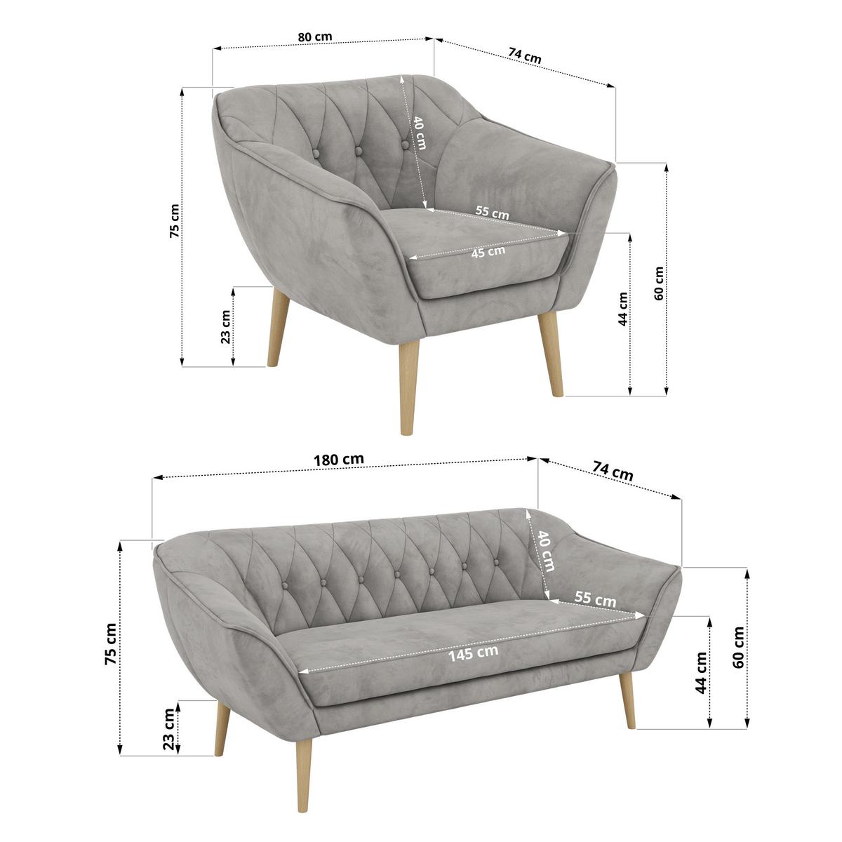 SITZGARNITUR PIRS 3+1+1 - Hellgrau Velvet - Holzbeine - Buchefarben/Hellgrau, Holzwerkstoff/Textil (180/75/74cm) - MKS