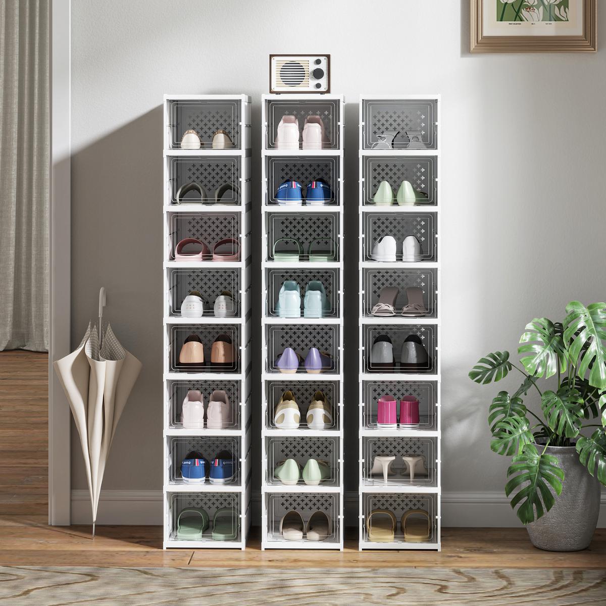SCHUHBOXEN Stapelbare, Faltbar 8 Stück Schuh-Organizer mit Transparenten Türen - Weiß, Kunststoff (26/140/35cm) - HOMCOM