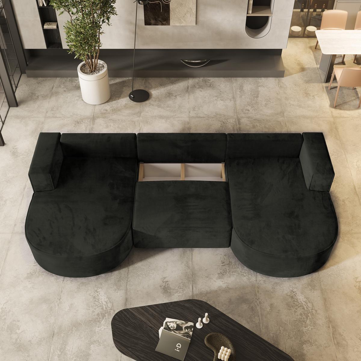 WOHNLANDSCHAFT VEZZO M Schwarz Velours-Stoff mit Schlaffunktion - Schwarz, Holz (347/85/174cm) - MASSENO