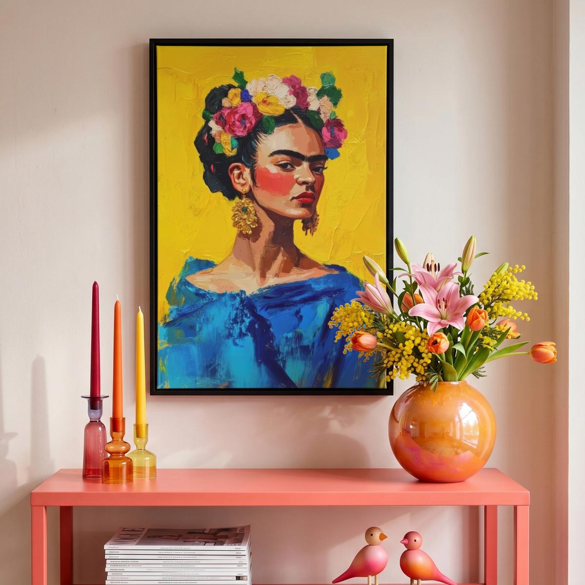 LEINWAND Bilder mit Rahmen - Frida Kahlo - Frau - Gelb - Blau - Blumen - 40x60 - Gelb, Textil (40/60cm) - MuchoWow