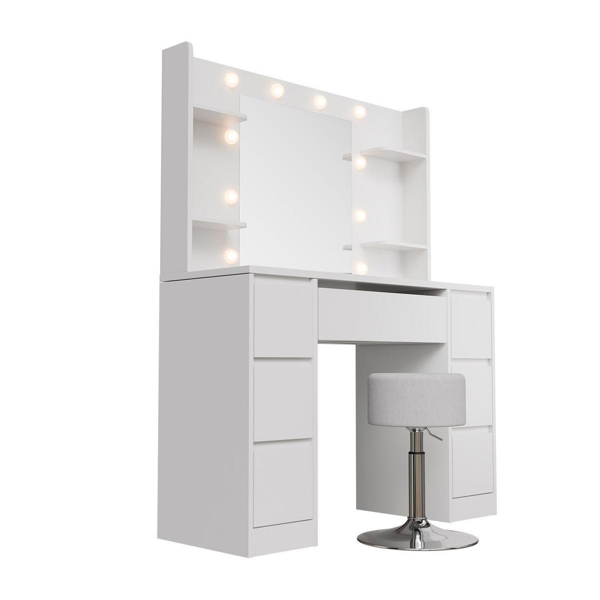 SCHMINKTISCH Malia mit LED und Hocker Tonia - Weiß, Holz (107/140/40cm) - Juskys