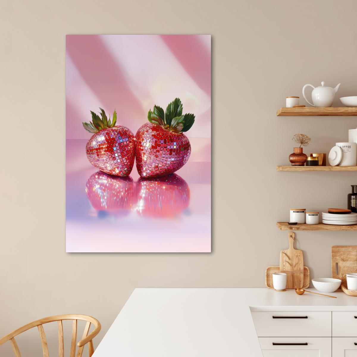LEINWANDBILD Disco - Obst - Glitzer - Erdbeere Deko XXL 80x120 cm - Pink, Textil (80/120cm) - MuchoWow