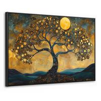 LEINWAND Bilder mit Rahmen - Baum - Mond - Blumen - Gold - Kunst - 150x100 - Orange, Textil (150/100cm) - MuchoWow