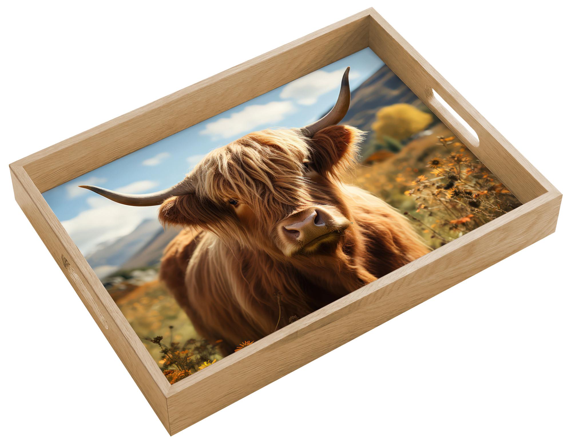 TABLETT Schottische Highlander - Blumen - Hörner - Wolken 40x30 cm - Braun, Holz (40/5/5cm) - OnlyWow