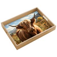 TABLETT Schottische Highlander - Blumen - Hörner - Wolken 40x30 cm - Braun, Holz (40/5/5cm) - OnlyWow