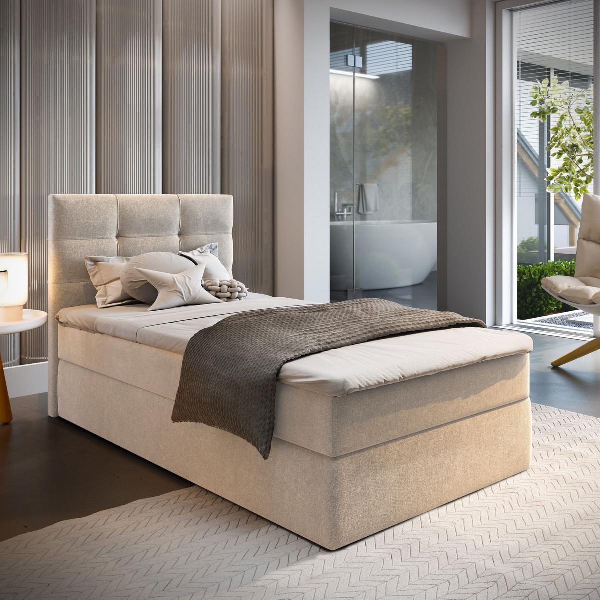 BOXBETT GLOS 80 80x200 cm mit Matratze und Topper, H2+H3 - Beige - Beige, Holz (80/200cm) - MASSENO