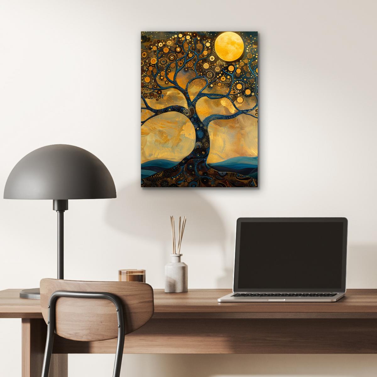 METALLBILD Baum - Mond - Blumen - Gold - Kunst 30x40 cm - Orange, Metall (30/40cm) - MuchoWow