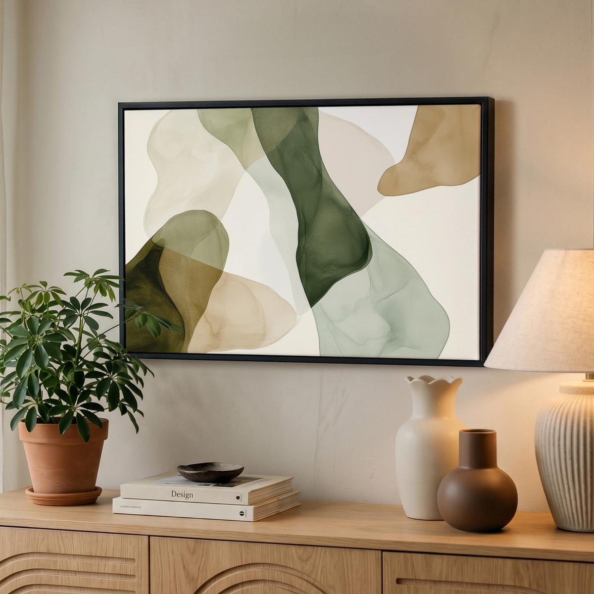 LEINWAND Bilder mit Rahmen - Japandi - Abstrakt - Grün - 60x40 - Salbeigrün, Textil (60/40cm) - MuchoWow