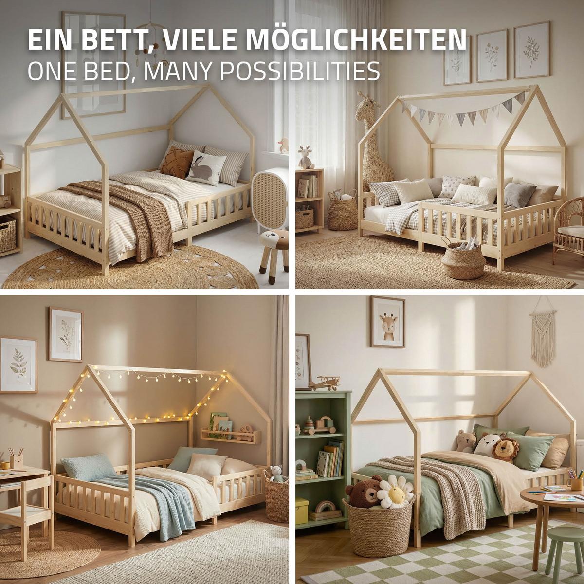 KINDERBETT 140x200 cm mit Rausfallschutz Natur aus Kiefernholz massiv - Naturfarben, Holz (140/200cm) - ML-DESIGN