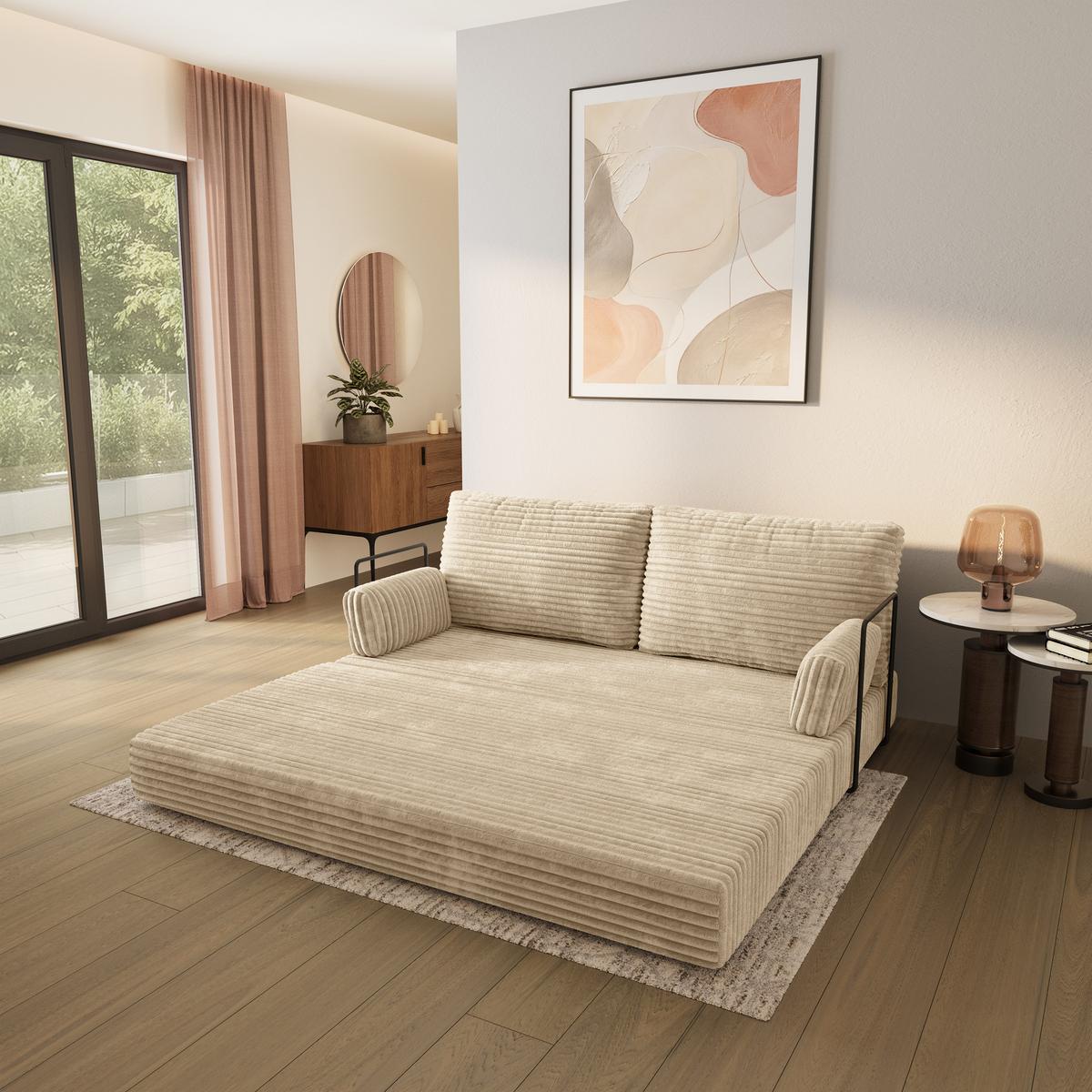 BETTSOFA SILAR aus Schaumstoff Kordstoff Creme Schlaffunktion - Creme, Textil (170/86/80cm) - MASSENO