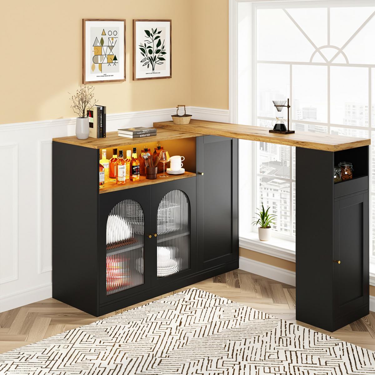 BARTISCH 360° Drehbar Schwarz & Holzoptik Barset mit LED, Glasschrank & Stauraum - Schwarz, Holzwerkstoff (39.6/197/100cm) - Urban Meuble