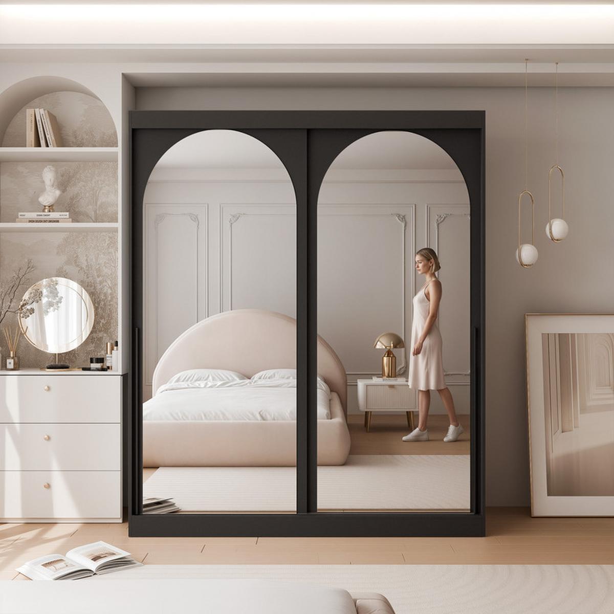 SCHWEBETÜRENSCHRANK CLARITY 2-türig 150/65/215 cm Schwarz / schwarze Griffe - Schwarz, Holzwerkstoff/Kunststoff (150/215/65cm) - Idohome