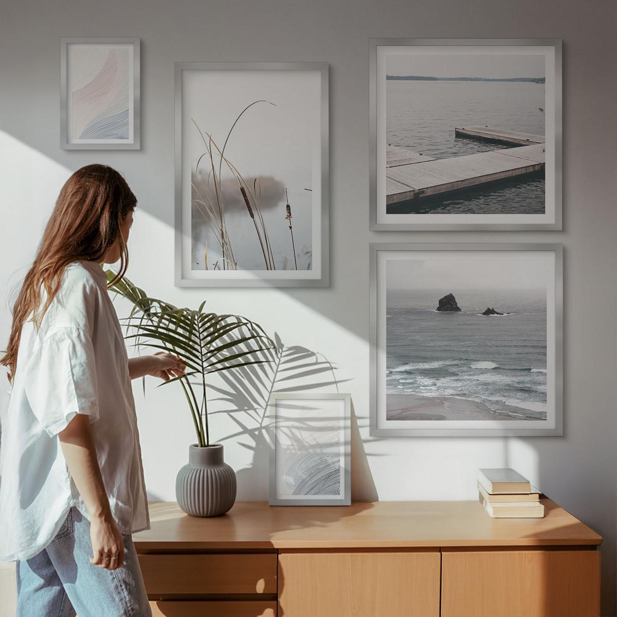 BILDER SET 5er Set - 50x50 cm & 20x30 cm & 40x60 cm Silberner Rahmen - Abstrakte Pastellwellen - Silberfarben, Kunststoff (40/60cm) - TULUP