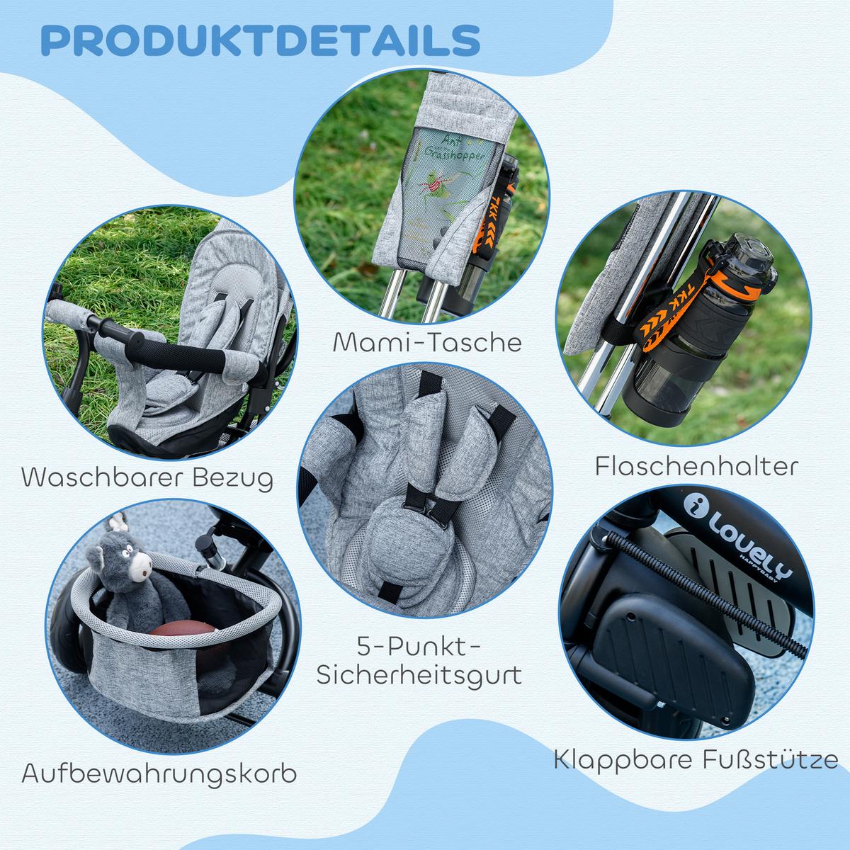6-IN-1 Dreirad mit Schubstange, Kinderdreirad mit abnehmbarem Sonnendach - Grau, Metall (102/49/102cm) - HOMCOM
