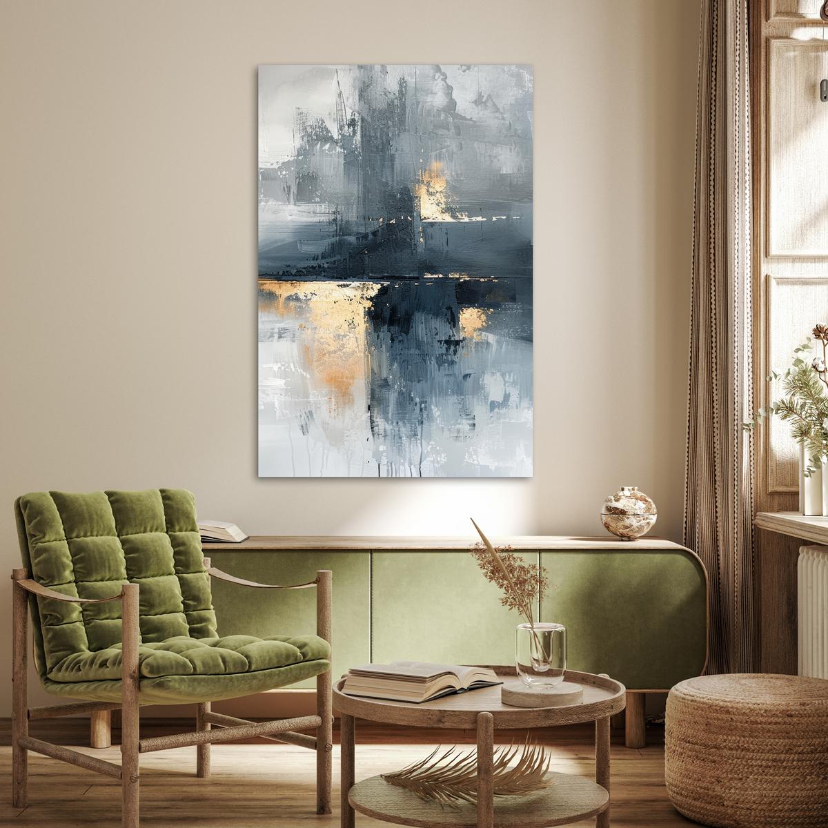 POSTER Kunst - Grau - Gold - Abstrakt Wandbild Schlafzimmer 80x120 cm - Dunkelgrau, Papier (80/120/0.1cm) - MuchoWow