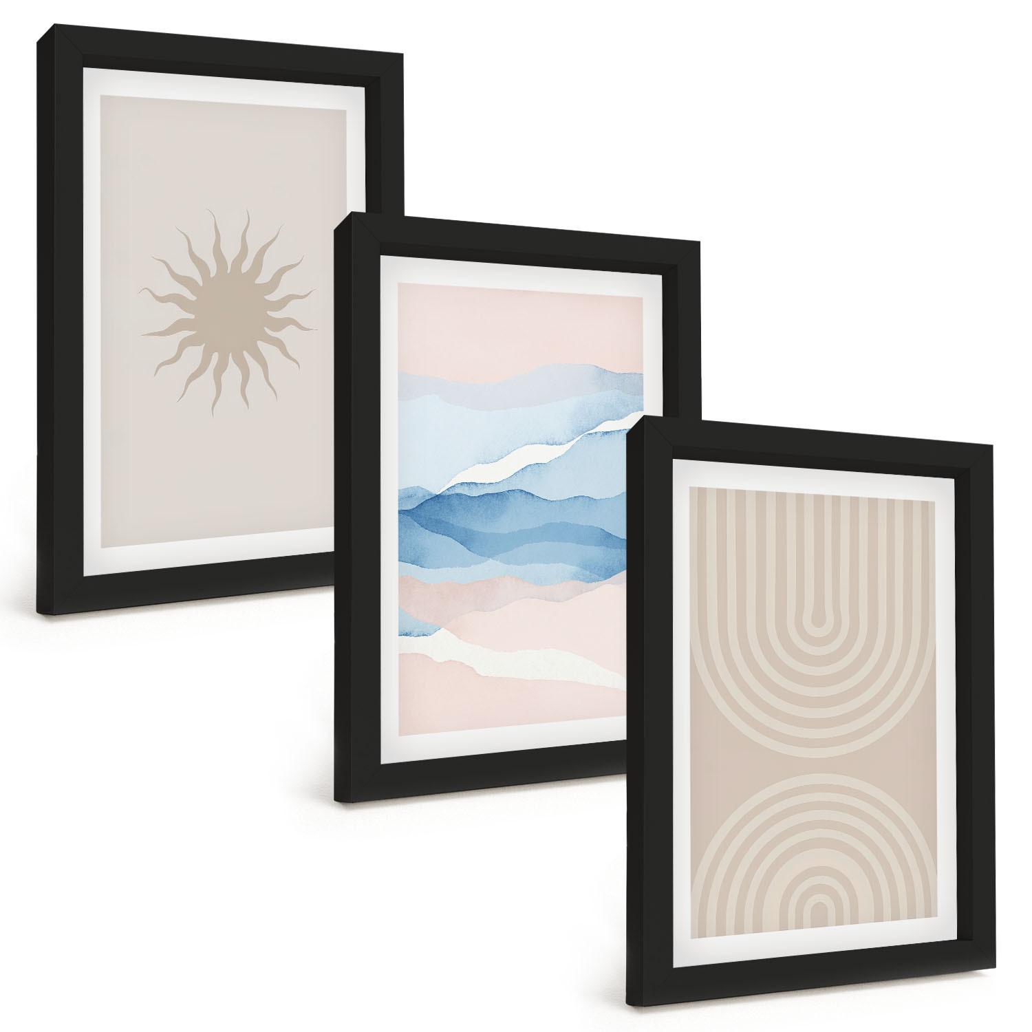 BILDER SET 3er Set - 20x30 cm Schwarzer Rahmen - Sonnenwellen abstrakte Linien Pastell - Schwarz, Kunststoff (20/30cm) - TULUP