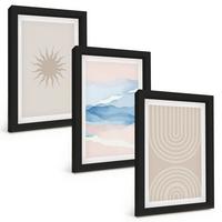 BILDER SET 3er Set - 20x30 cm Schwarzer Rahmen - Sonnenwellen abstrakte Linien Pastell - Schwarz, Kunststoff (20/30cm) - TULUP
