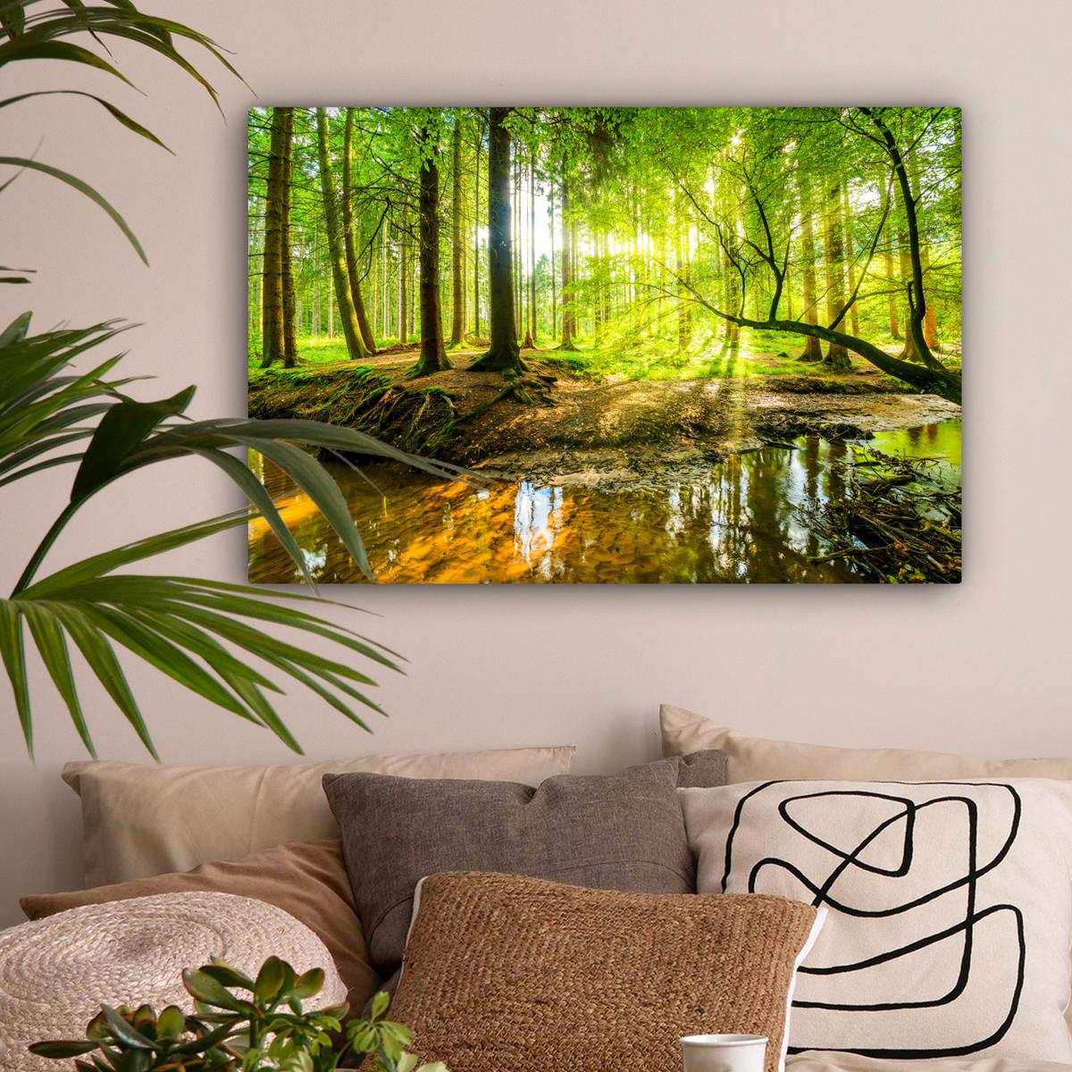LEINWANDBILD Wald - Landschaft - Wasser - Bäume - Sonne - Grün - Natur XXL 150x100 cm - Grün, Textil (150/100cm) - MuchoWow