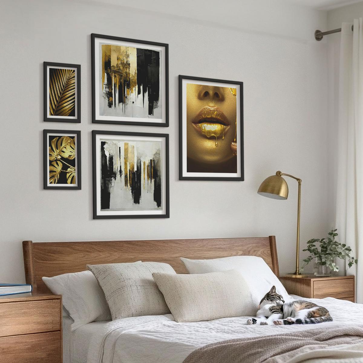 BILDER SET 5er Set - 50x50 cm & 20x30 cm & 40x60 cm Schwarzer Rahmen - Sonnenuntergangsbrücke Landschaft - Schwarz, Kunststoff (40/60cm) - TULUP