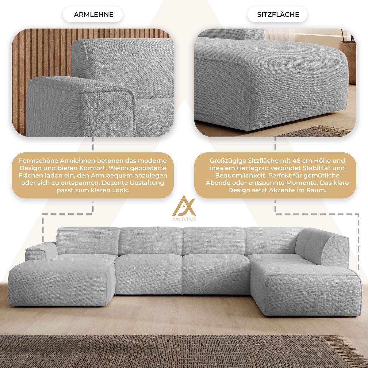 WOHNLANDSCHAFT Didim Hellgrau 378/220/78 cm – großes Sofa stilvoll & bequem R - Hellgrau/Schwarz, Kunststoff/Textil (378/78/220cm) - AX Living