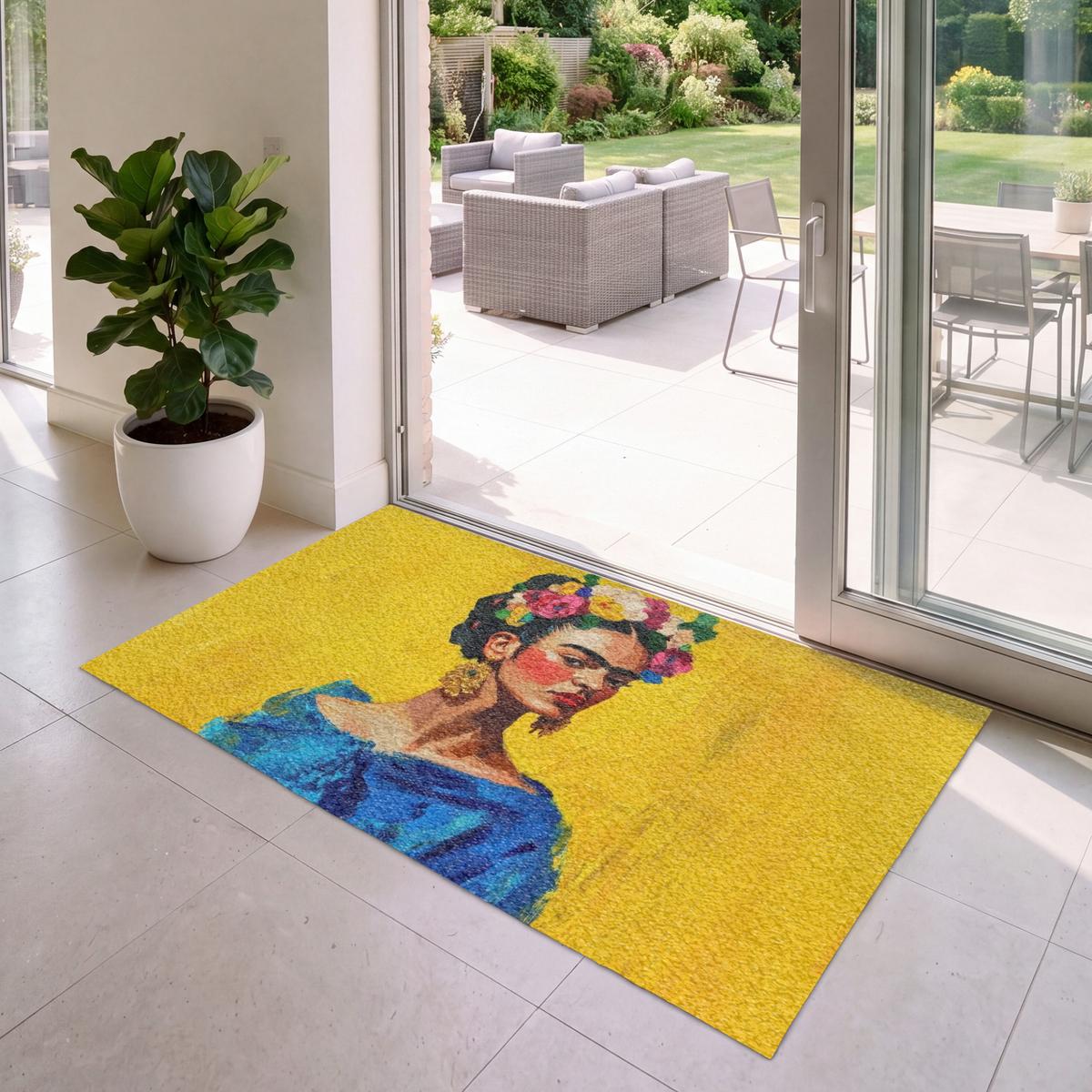 FUSSMATTE Frida Kahlo - Frau - Gelb - Blau - Blumen Schmutzfangmatte 150x90 cm - Gelb, Kunststoff (150/0.4cm) - MuchoWow