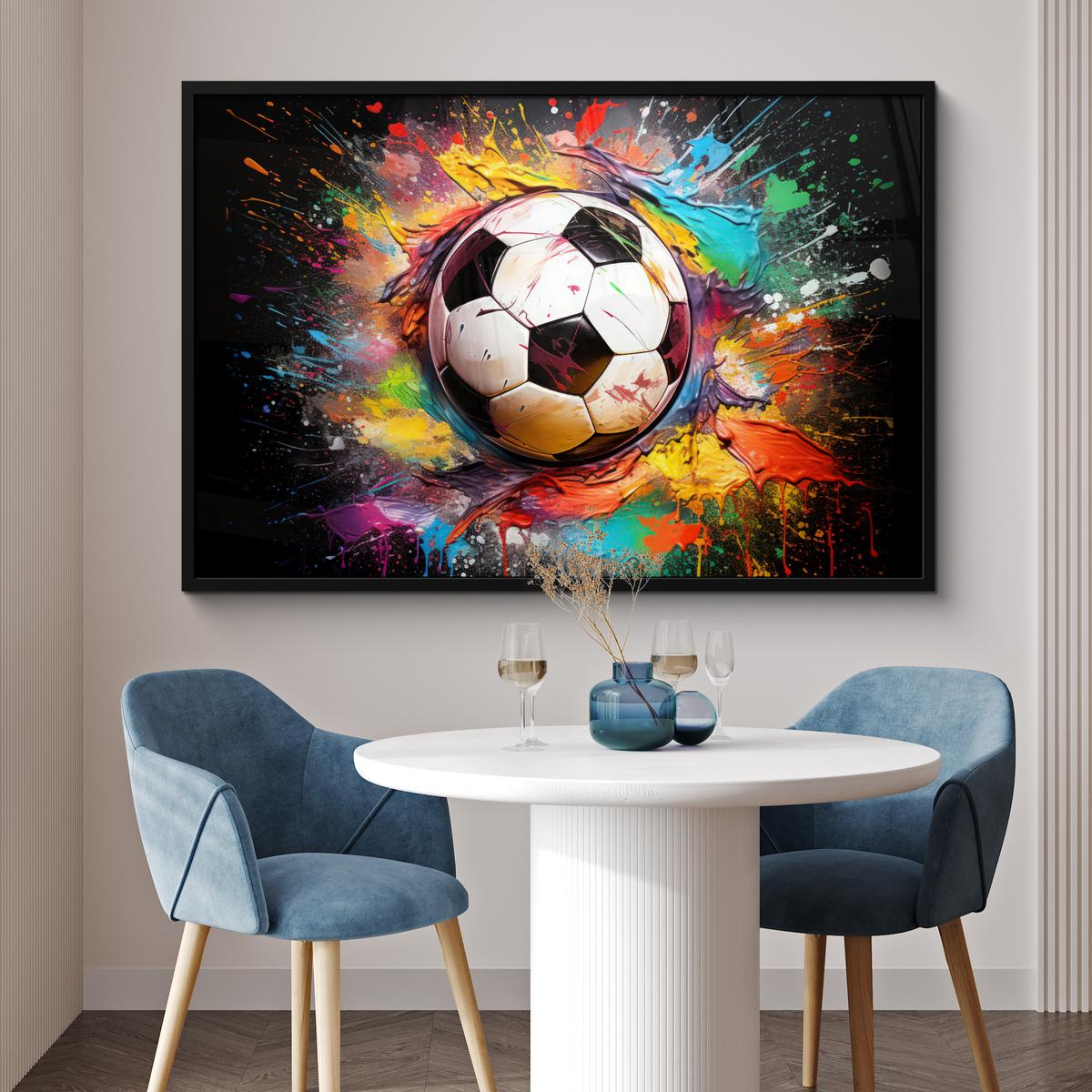 POSTER MIT RAHMENGERAHMTES BILD Fußball - Farbe - Farben - Schwarz - Weiß 120x80 cm - Weiß, Papier (120/80cm) - MuchoWow