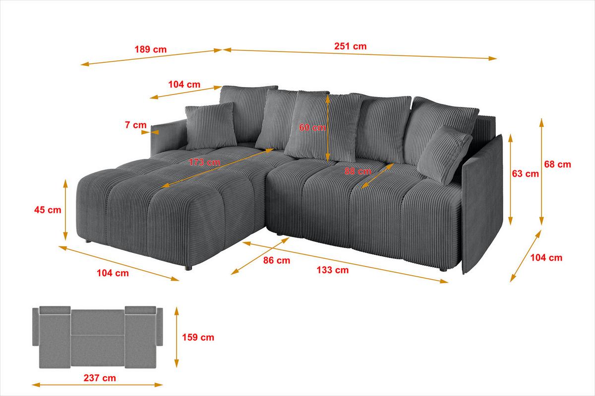 ECKSOFA Ottomane links LONLI-L 251x189x68 Dunkelgrau Cord - Dunkelgrau, Holzwerkstoff/Kunststoff (251/189cm) - ALTDECOR
