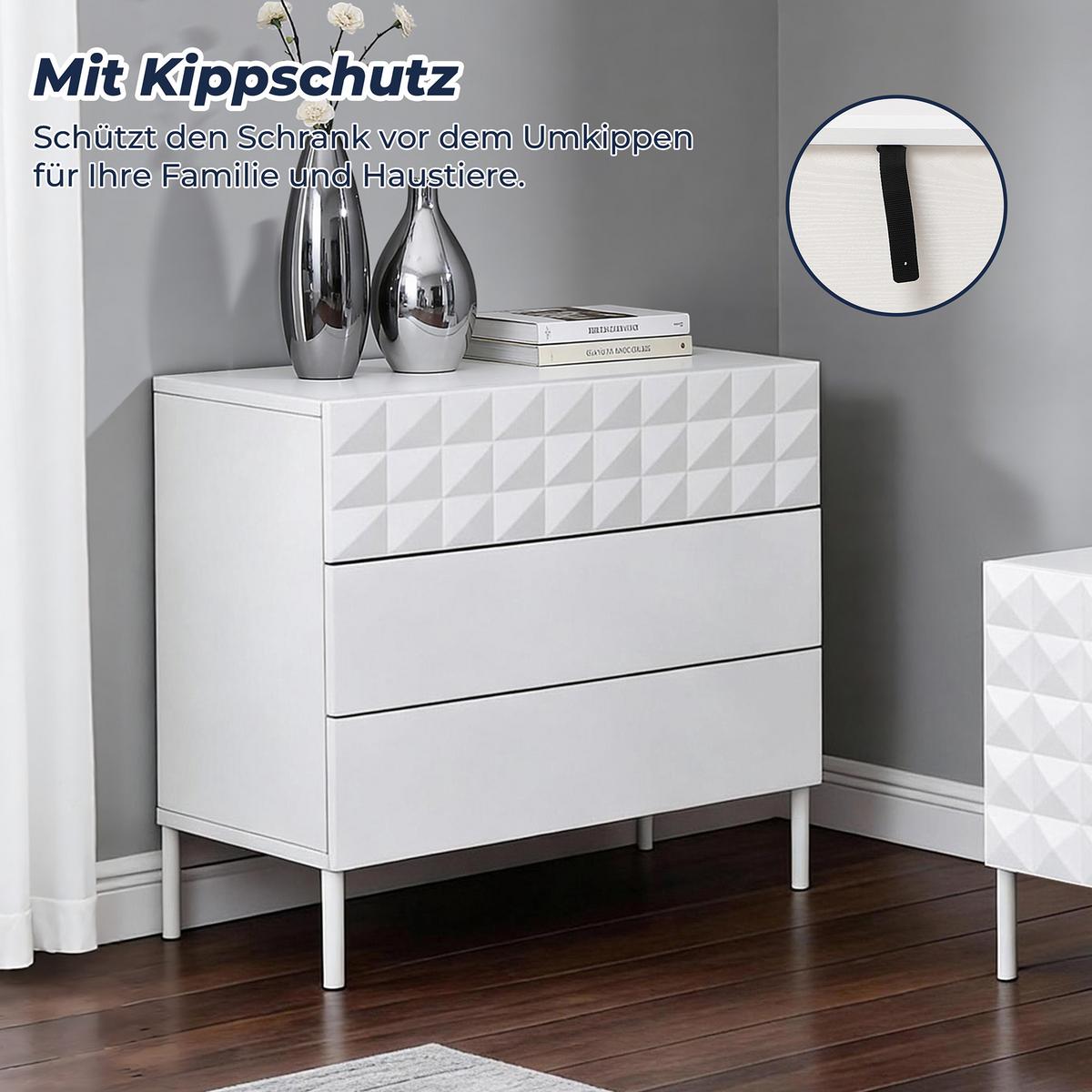 KOMMODE Holz mit 3 Schubladen, Weiß, 80 × 40 × 75 cm - Weiß, Holzwerkstoff/Metall (80/75/40cm) - Hometopia