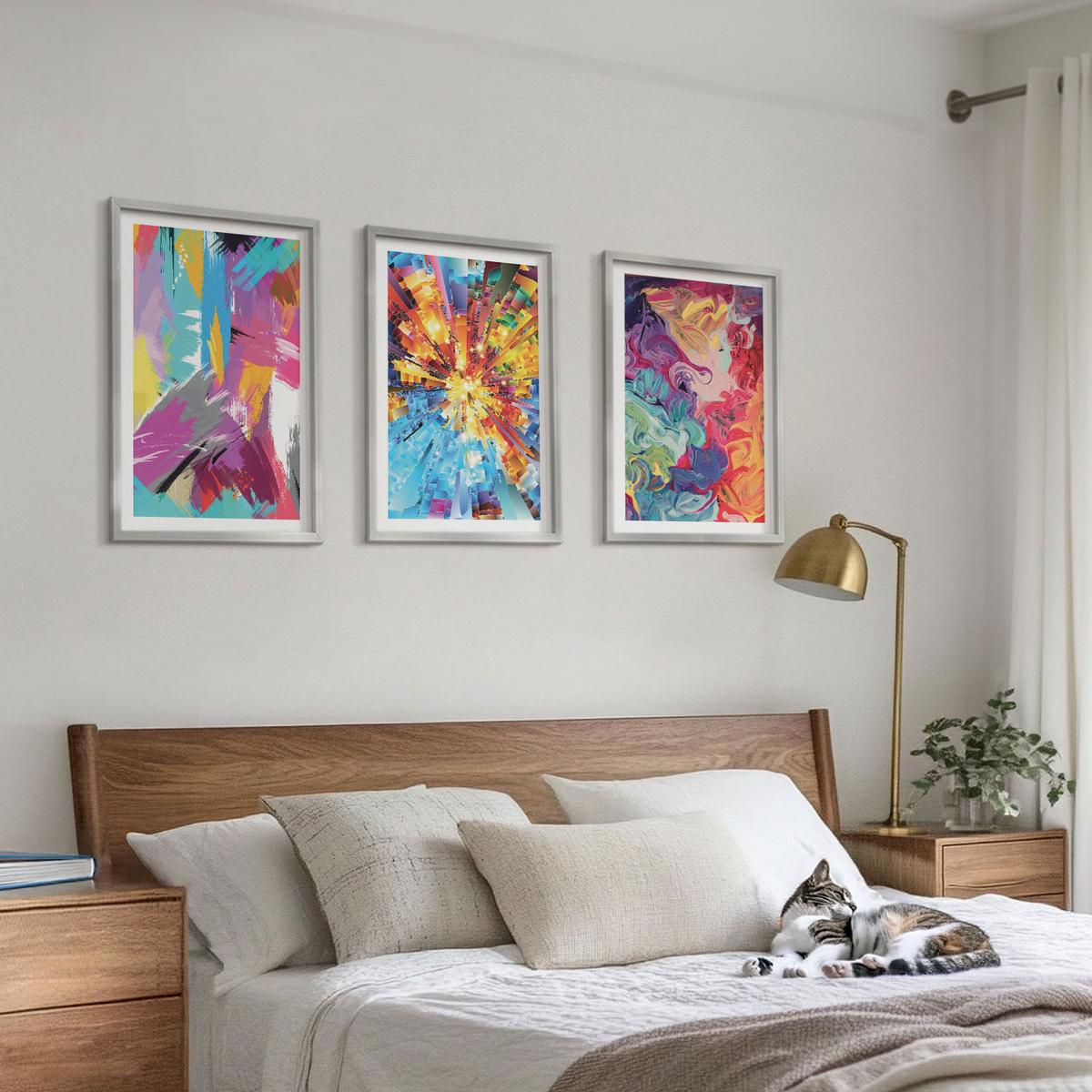 BILDER SET 3er Set - 40x60 cm Silberner Rahmen - Bunte abstrakte Farbmuster - Silberfarben, Kunststoff (40/60cm) - TULUP