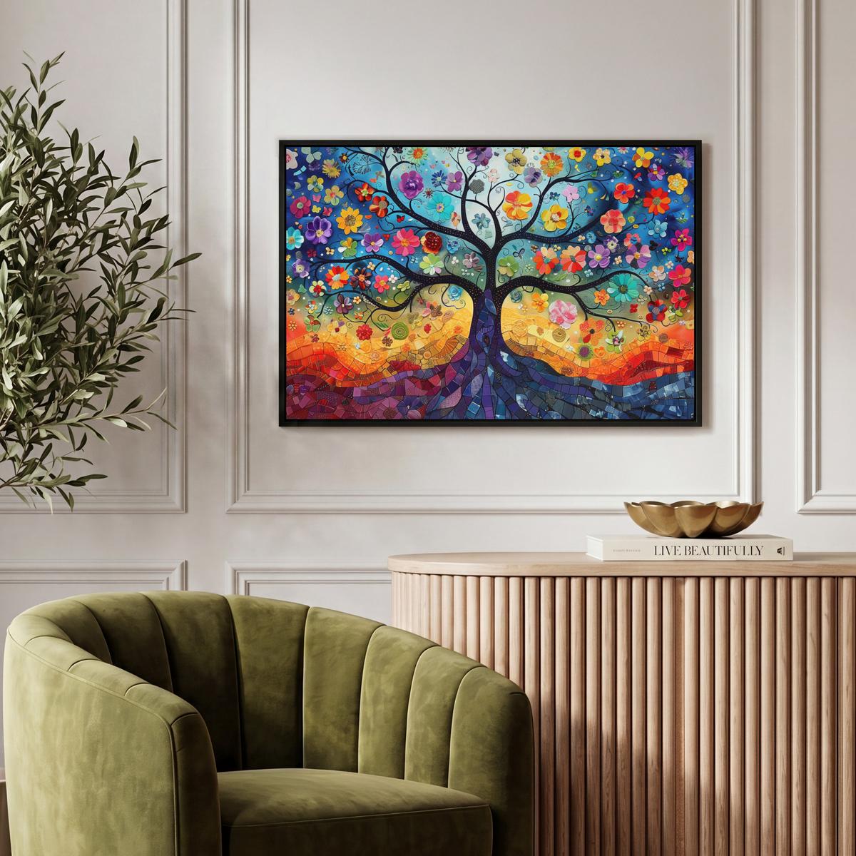 LEINWAND Bilder mit Rahmen - Kunst - Baum des Lebens - Blumen - Hippie - 60x40 - Dunkelblau, Textil (60/40cm) - MuchoWow