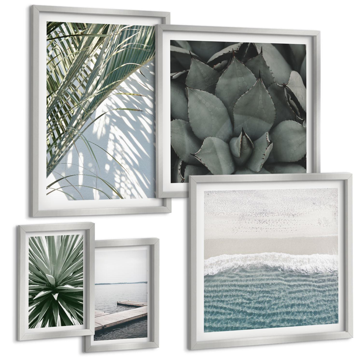 BILDER SET 5er Set - 50x50 cm & 20x30 cm & 40x60 cm Silberner Rahmen - Hängebrücke aus Palmenblättern - Silberfarben, Kunststoff (40/60cm) - TULUP