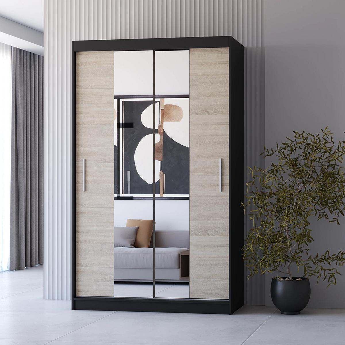 SCHWEBETÜRENSCHRANK NEOMI 01 mit Spiegel Schwarz/Sonoma - Alufarben/Schwarz, Holzwerkstoff/Kunststoff (120/200/61cm) - imoebel24