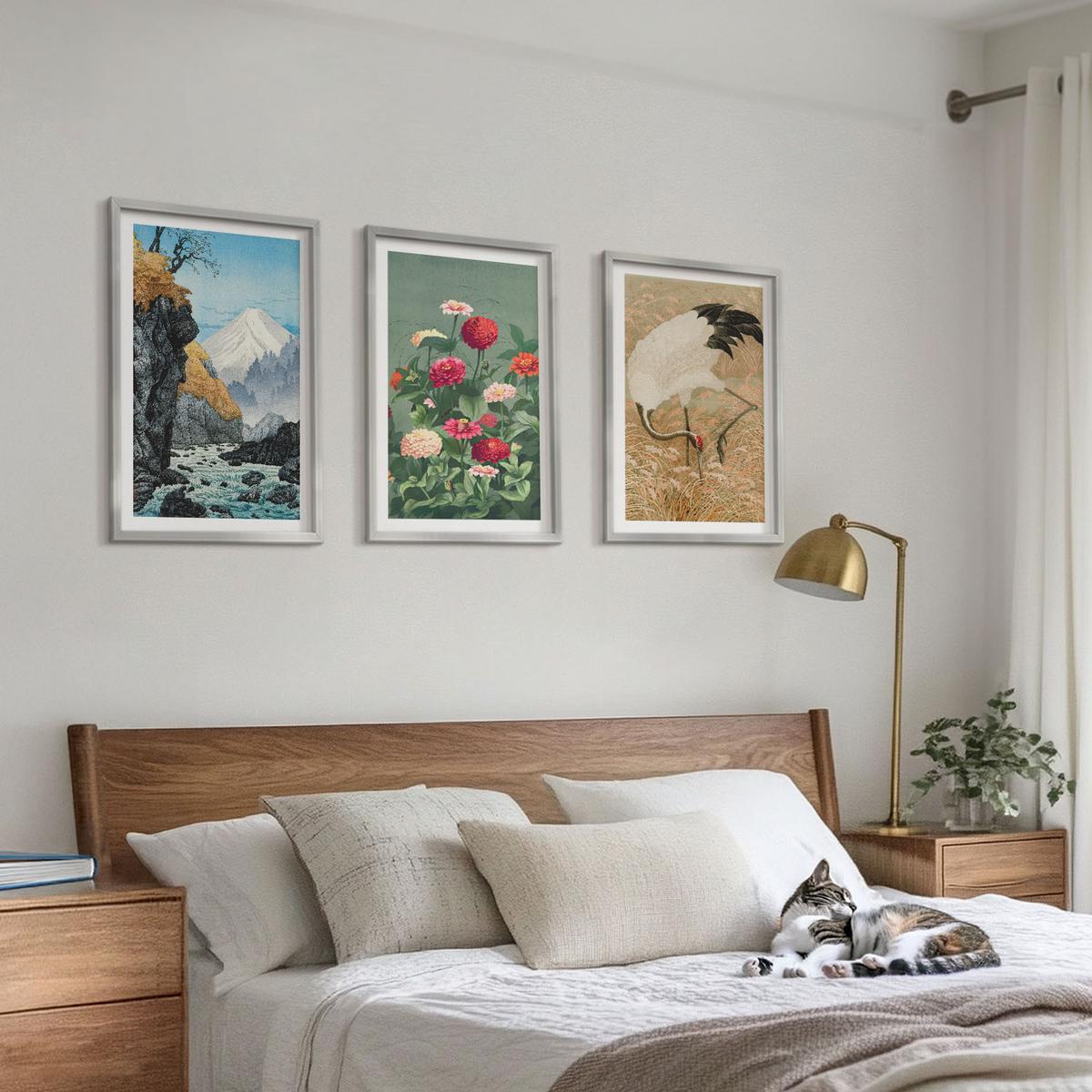 BILDER SET 3er Set - 40x60 cm Silberner Rahmen - Berglandschaft, Fluss, Blumen, Kraniche - Silberfarben, Kunststoff (40/60cm) - TULUP