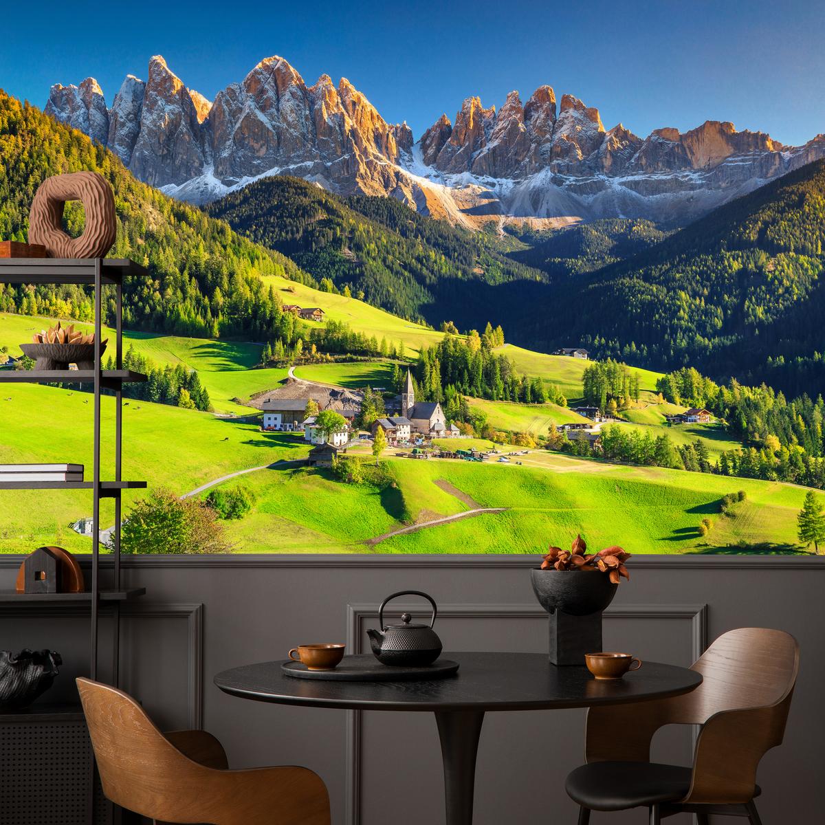 FOTOTAPETE Berge Bäume Natur Landschaft 3D 250x175 - Blau/Beige, Papier (250/175cm) - Muralo