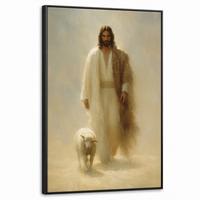LEINWAND Bilder mit Rahmen - Schaf - Jesus - Pinselstriche - Abstrakt - 60x90 - Beige, Textil (60/90cm) - MuchoWow