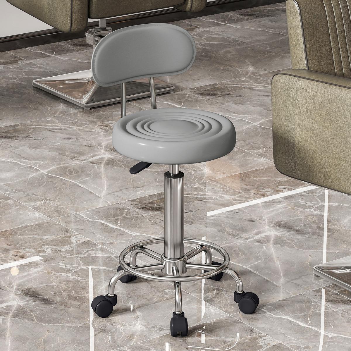 ROLLHOCKER höhenverstellbar Drehhocker Drehbar Salon Hocker mit Lehne, Rädern - Silberfarben/Grau, Kunststoff/Textil (32/86/40cm) - HOMCOM