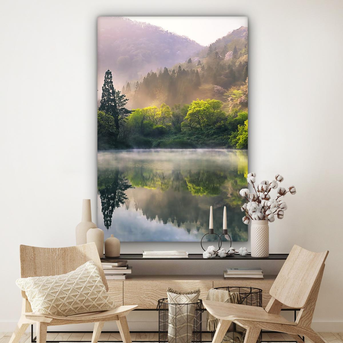 LEINWANDBILD Natur - Bäume - Berge - See - Wasser Deko Groß 90x140 cm - Hellgrün, Textil (90/140cm) - MuchoWow