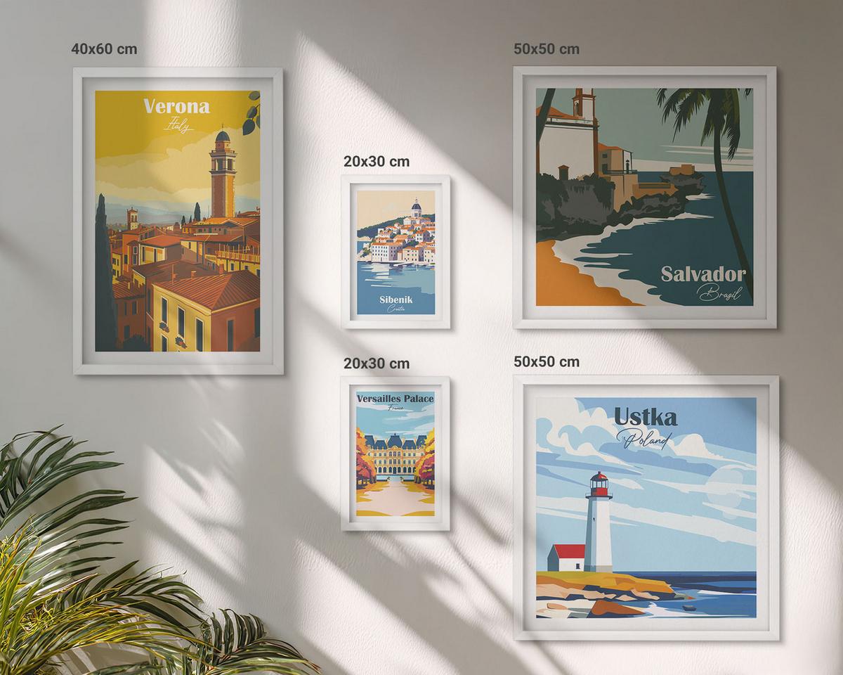 BILDER SET 5er Set - 50x50 cm & 20x30 cm & 40x60 cm Weißer Rahmen - Europäische Städte in farbigen Illustrationen - Weiß, Kunststoff (40/60cm) - TULUP