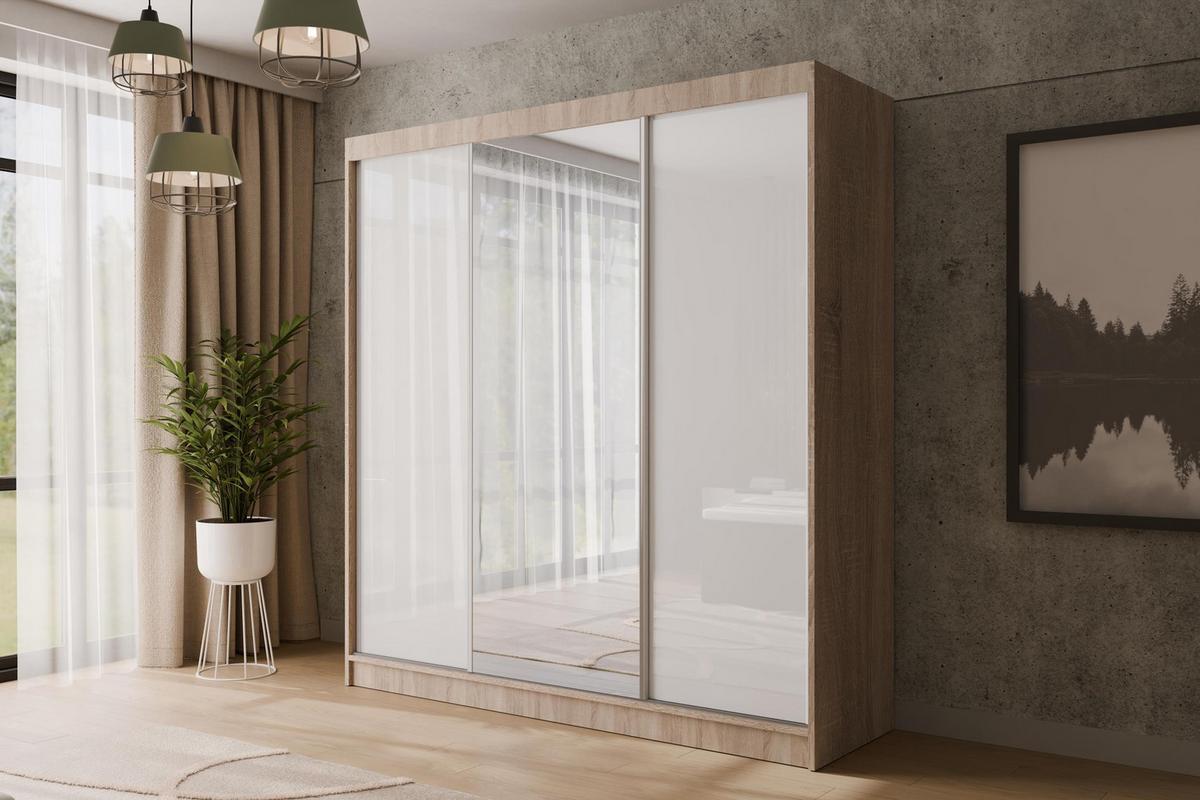 KLEIDERSCHRANK mit Spiegel V2-VITA 215x200 cm - Sonoma Eiche|Weiß - Weiß/Sonoma Eiche, Holzwerkstoff (200/215/61cm) - ALTDECOR