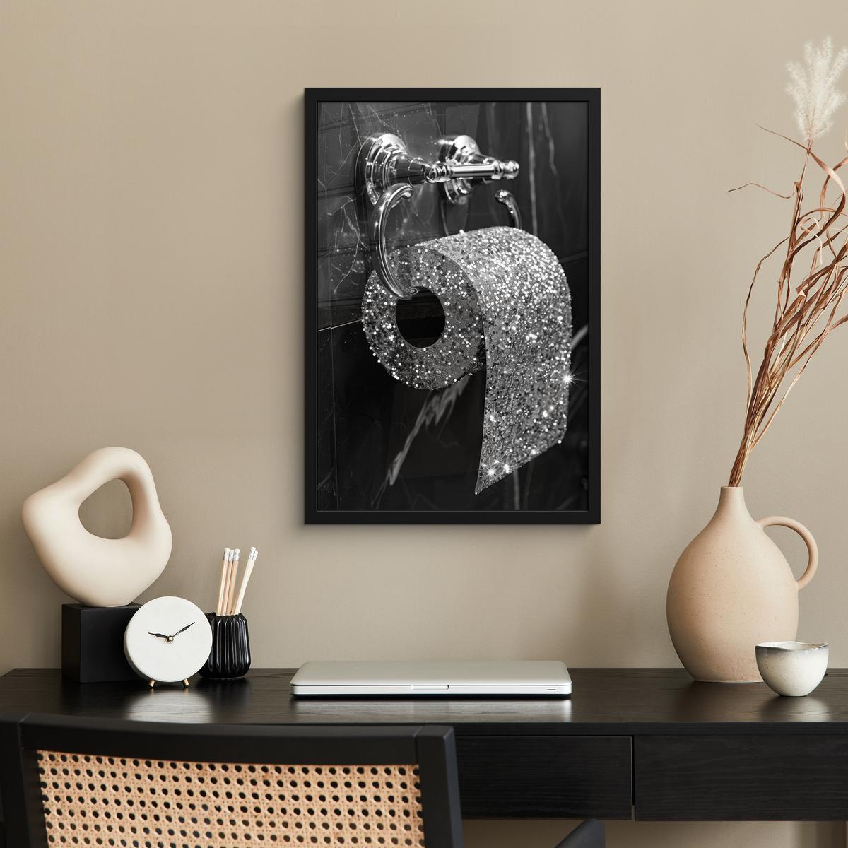 POSTER MIT RAHMEN WC - Toilettenpapier - Schwarz und weiß - Glitter Bilder mit Rahmen 40x60 cm - Silberfarben, Papier (40/60cm) - MuchoWow