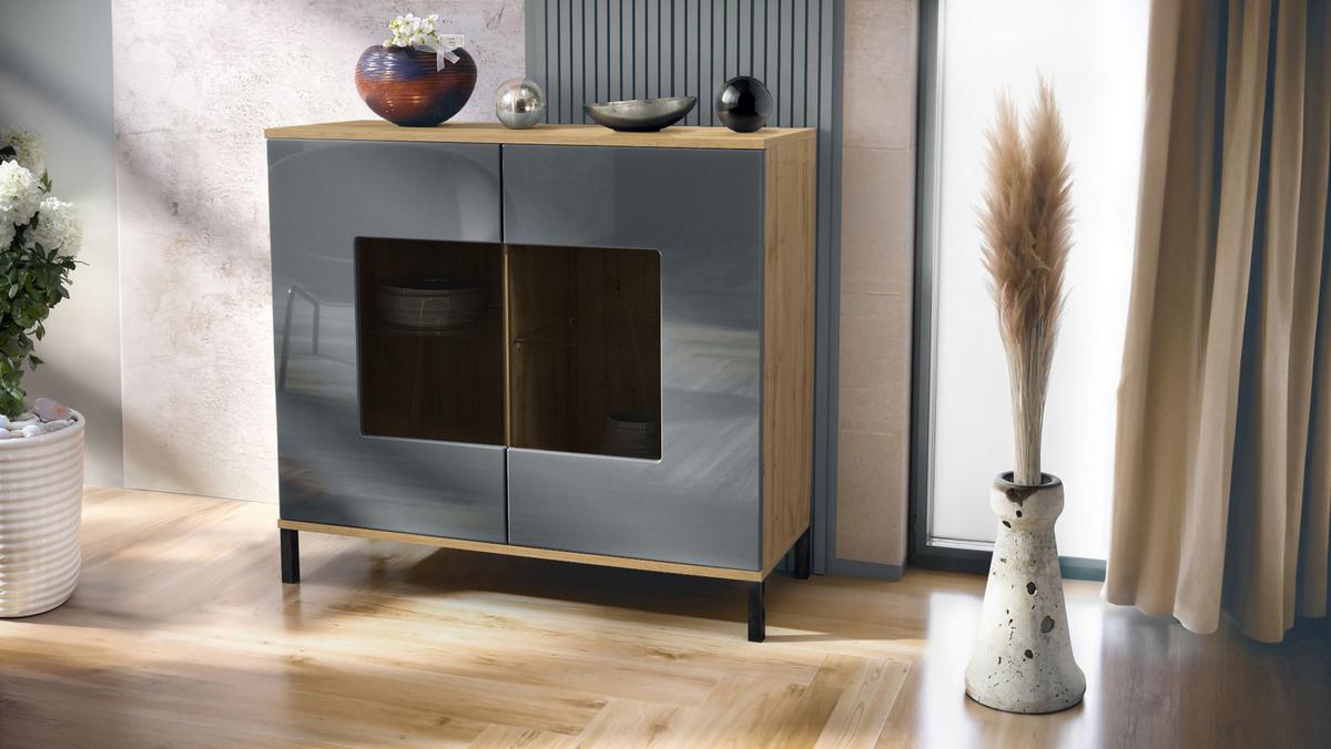 KOMMODE Grömitz Grau Hochglanz - Grau, Holzwerkstoff (92.5/83.5/35cm) - Vladon